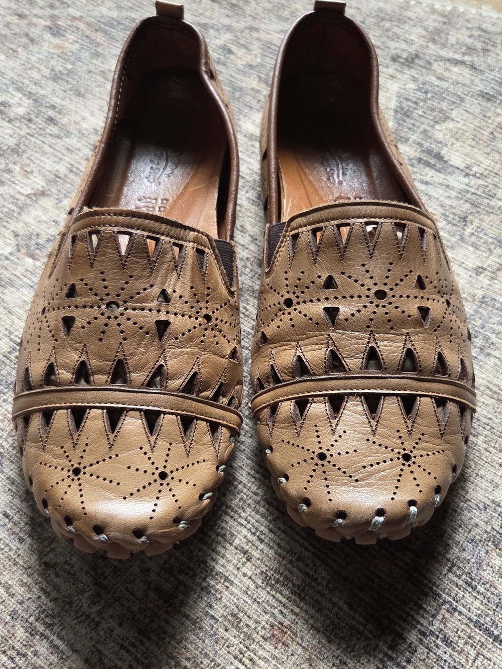 Womens Spring Step Tan Perforated Leather Slip-On Loafers